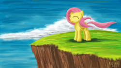 Size: 1920x1080 | Tagged: safe, artist:vsabbath, fluttershy, pegasus, pony, solo, wallpaper, windswept mane