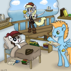 Size: 1024x1024 | Tagged: safe, artist:finnishgirl97, artist:harmonystarmlp, derpy hooves, pipsqueak, oc, oc:harmony star, pegasus, pony, unicorn, bed, book, cloud, cloudy, colt, eyepatch, female, grin, hoof hold, male, mare, muffin, pirate, pirate derpy, reading, smiling, stallion, sword, weapon