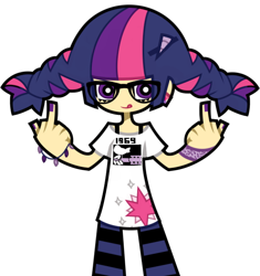 Size: 606x645 | Tagged: safe, artist:nekozneko, derpibooru import, twilight sparkle, human, alternate hairstyle, fashion, female, hipster, humanized, middle finger, pigtails, simple background, transparent background, vulgar