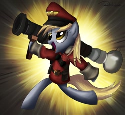 Size: 929x856 | Tagged: safe, artist:psychoanalytic, derpy hooves, pegasus, pony, beggar's bazooka, crossover, derpyhoovesnews, female, kringle collection, mare, soldier, team captain, team fortress 2