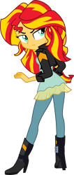 Size: 1363x3223 | Tagged: safe, artist:zeldarondl, edit, sunset shimmer, equestria girls, friendship games, boots, clothes, female, full body, leather jacket, looking back, offscreen character, raised eyebrow, shoes, simple background, solo, transparent background, vector, vector edit