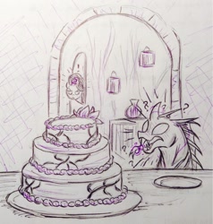 Size: 1143x1200 | Tagged: safe, artist:zigragirl, starlight glimmer, thorax, changeling, pony, unicorn, cake, cakeblocked, drone, female, food, holding, magic, mare, open mouth, pencil drawing, plate, question mark, tongue out, traditional art, unamused