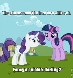 Size: 394x420 | Tagged: safe, derpibooru import, edit, edited screencap, screencap, rarity, twilight sparkle, pony, unicorn, keep calm and flutter on, bedroom eyes, caption, female, image macro, innuendo, mare