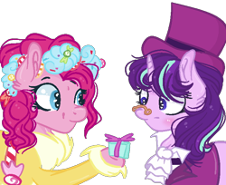 Size: 700x571 | Tagged: safe, artist:waterz-colrxz, pinkie pie, snowfall frost, starlight glimmer, earth pony, pony, a hearth's warming tail, clothes, hat, present, simple background, spirit of hearth's warming presents, top hat, transparent background