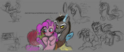 Size: 1200x506 | Tagged: safe, artist:zabchan, discord, pinkie pie, earth pony, pony, blushing, discopie, female, male, mirror, shipping, sketch, straight, window