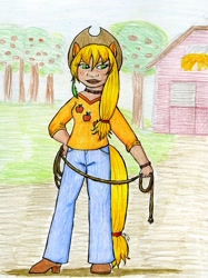 Size: 897x1200 | Tagged: safe, artist:nethilia, applejack, eared humanization, humanized, lasso, solo, tailed humanization