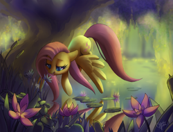 Size: 3269x2490 | Tagged: safe, artist:dawnfire, fluttershy, pegasus, pony, beautiful, colored pupils, flower, flying, forest, scenery, solo, water