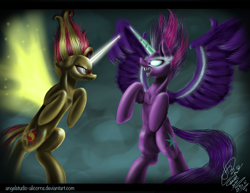 Size: 5999x4640 | Tagged: safe, artist:angelstudio-alicorns, midnight sparkle, sci-twi, sunset shimmer, twilight sparkle, pony, equestria girls, friendship games, absurd resolution, artificial wings, augmented, backwards cutie mark, daydream shimmer, duo, equestria girls ponified, fight, glowing eyes, looking at each other, magic, magic wings, ponified, scene interpretation, sharp teeth, signature, wings