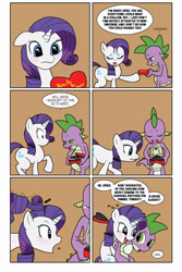 Size: 2100x3150 | Tagged: safe, artist:bico-kun, derpibooru import, rarity, spike, dragon, pony, unicorn, chocolate, comic, female, glomp, heart shaped box, hearts and hooves day, innuendo, long tongue, magic, male, mare, raised tail, shipping, sparity, straight, tailboner, teenage spike, tongue out