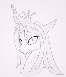 Size: 776x902 | Tagged: safe, artist:waffleberry, queen chrysalis, changeling, changeling queen, female, looking at you, monochrome, simple background, smiling, solo