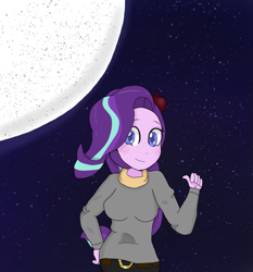 Size: 1611x1727 | Tagged: safe, artist:mildockart, starlight glimmer, equestria girls, belt buckle, clothes, equestria girls-ified, full moon, looking at you, moon, night, pants, smiling, solo, stars, sweater