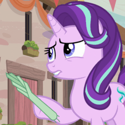 Size: 506x506 | Tagged: safe, edit, edited screencap, screencap, starlight glimmer, pony, unicorn, to where and back again, animated, gif, leek, leek spin, solo