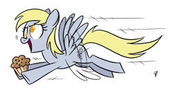 Size: 1300x700 | Tagged: safe, artist:glancojusticar, derpy hooves, pegasus, pony, female, flying, mare, muffin, simple background, white background