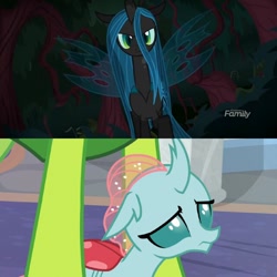 Size: 640x640 | Tagged: safe, screencap, ocellus, queen chrysalis, thorax, changedling, changeling, changeling queen, nymph, school daze, the mean 6, cute, diaocelles, discovery family logo, duo focus, female, floppy ears, frown, glare, king thorax, lidded eyes, looking up, mother and child, mother and daughter, parent and child, sad, sadorable, scared, school of friendship, shy, size difference