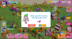 Size: 1024x551 | Tagged: safe, coloratura, granny smith, queen chrysalis, rarity, spike, changeling, changeling queen, dragon, pony, unicorn, fashion plate, game screencap, gameloft, gem, generous gameloft, sweet apple acres, winged spike