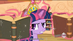 Size: 763x426 | Tagged: safe, derpibooru import, screencap, twilight sparkle, keep calm and flutter on, angry, big crown thingy, book, golden oaks library, hub logo, youtube caption