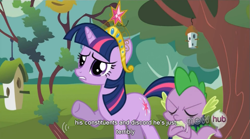 Size: 763x425 | Tagged: safe, derpibooru import, screencap, spike, twilight sparkle, dragon, keep calm and flutter on, big crown thingy, hub logo, youtube caption