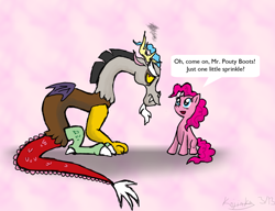 Size: 848x652 | Tagged: safe, artist:kojinkaluigigodzilla, discord, pinkie pie, draconequus, earth pony, pony, male, speech bubble