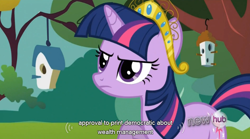 Size: 760x422 | Tagged: safe, derpibooru import, screencap, twilight sparkle, keep calm and flutter on, big crown thingy, hub logo, youtube caption