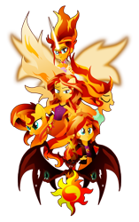 Size: 600x956 | Tagged: safe, artist:ii-art, sunset satan, sunset shimmer, pony, equestria girls, friendship games, my past is not today, rainbow rocks, cutie mark, daydream shimmer, eyes closed, looking at you, multeity, open mouth, self paradox, simple background, smiling, spread wings, sunset phoenix, this isn't even my final form, transparent background, wings