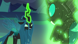 Size: 1280x720 | Tagged: safe, screencap, queen chrysalis, thorax, changeling, changeling queen, to where and back again, changeling kingdom, duo, female, glowing horn, magic, male, telekinesis