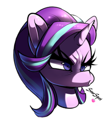 Size: 1024x1116 | Tagged: safe, artist:sourspot, starlight glimmer, pony, unicorn, bust, grumpy, portrait, signature, simple background, solo, unamused, white background