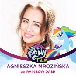 Size: 960x960 | Tagged: safe, derpibooru import, rainbow dash, human, seapony (g4), my little pony: the movie, agnieszka mrozińska, irl, irl human, mlp movie cast icons, my little pony logo, photo, polish, seaponified, seapony rainbow dash, solo, species swap, voice actor, with their characters