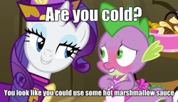 Size: 612x350 | Tagged: safe, edit, edited screencap, screencap, rarity, spike, dragon, pony, unicorn, dragon quest, apron, blushing, caption, clothes, female, image macro, innuendo, male, mare, meme, rarity's bad pickup lines, shipping, sparity, straight