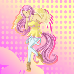 Size: 1500x1500 | Tagged: safe, artist:hylianguardians, fluttershy, humanized, solo, tailed humanization, winged humanization