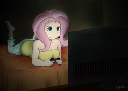 Size: 1400x1000 | Tagged: safe, artist:kprovido, fluttershy, breasts, gamershy, gaming, hootershy, humanized, video game