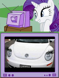 Size: 562x740 | Tagged: safe, rarity, pony, unicorn, car, car with eyelashes, exploitable meme, tv meme, volkswagen, volkswagen beetle