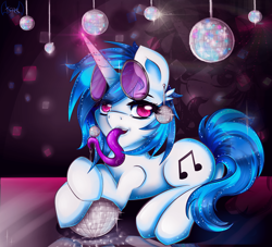 Size: 2200x2000 | Tagged: safe, artist:thetarkaana, derpibooru import, dj pon-3, vinyl scratch, pony, unicorn, disco ball, long tongue, solo, tongue out