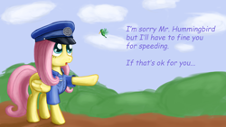 Size: 1920x1080 | Tagged: safe, artist:tunskaa, fluttershy, hummingbird, pegasus, pony, clothes, hat, police, police officer