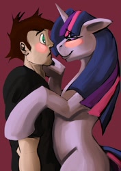 Size: 744x1052 | Tagged: safe, artist:brokencreation, derpibooru import, twilight sparkle, unicorn twilight, human, unicorn, blushing, crack shipping, crossover, dan, dan vs, danlight, female, hug, male, shipping, straight, twilightdan, wat