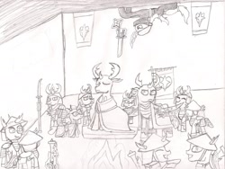 Size: 2189x1649 | Tagged: safe, artist:infinita est lux solis, ocellus, pharynx, queen chrysalis, soupling, thorax, changedling, changeling, changeling queen, arquebus, ashigaru, dagger, king thorax, monochrome, ninja, pencil drawing, prince pharynx, samurai, shuriken, traditional art, weapon