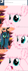 Size: 650x1625 | Tagged: safe, artist:mixermike622, queen chrysalis, oc, oc:fluffle puff, changeling, changeling queen, asdfmovie, ask, behaving like a cat, meow, tumblr, tumblr:ask fluffle puff