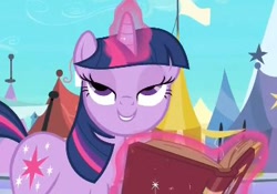 Size: 374x262 | Tagged: safe, derpibooru import, screencap, twilight sparkle, the crystal empire, bedroom eyes, book, levitation, magic, telekinesis