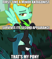 Size: 1280x1440 | Tagged: safe, edit, edited screencap, screencap, lightning dust, queen chrysalis, changeling, changeling queen, pegasus, pony, the mean 6, the washouts (episode), evil, female, grin, image macro, mare, meme, smiling, smirk, smug, text, that's my pony, that's my x, washouts uniform, wings