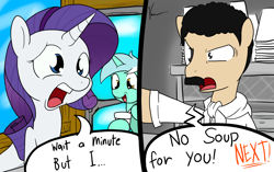 Size: 1700x1066 | Tagged: safe, artist:sandwich-anomaly, lyra heartstrings, rarity, pony, unicorn, crossover, seinfeld, soup nazi