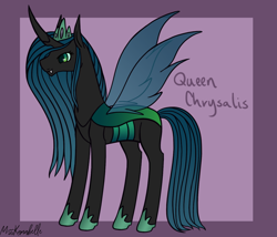 Size: 1750x1500 | Tagged: safe, artist:misskanabelle, queen chrysalis, changeling, changeling queen, alternate design, female, gradient background, signature, solo, story included, text