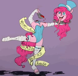 Size: 834x810 | Tagged: safe, artist:breathe-a-little, derpibooru import, pinkie pie, anthro, bowtie, clothes, detachable head, disembodied head, flexible, gloves, hat, headless, long tongue, magician outfit, modular, solo, stockings, tea, teacup, the headless waltz, tongue out, top hat, voltaire