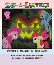 Size: 900x1080 | Tagged: safe, artist:lister-of-smeg, derpibooru import, apple bloom, pinkie pie, rainbow dash, earth pony, pegasus, pony, comic:zap-o-lantern, comic, cover, female, filly, mare, sweet apple acres, zap apple