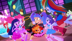 Size: 1366x768 | Tagged: safe, derpibooru import, screencap, pinkie pie, rainbow dash, rarity, twilight sparkle, a photo booth story, eqg summertime shorts, equestria girls, background human, evil grin, excited, fall formal outfits, gotcha, grin, happy, imma snuggle you, imminent hape, imminent snuggles, mask, scared, smiling, smirk, this will end in hape, this will end in snuggles, this will end in tears, want