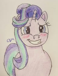 Size: 735x960 | Tagged: safe, artist:rapidsnap, starlight glimmer, pony, unicorn, blushing, grin, nervous, nervous grin, smiling, solo, traditional art