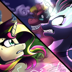 Size: 1000x1000 | Tagged: safe, artist:jessycrackers, midnight sparkle, sci-twi, sunset satan, sunset shimmer, twilight sparkle, pony, equestria girls, friendship games, dark magic, equestria girls ponified, horn, looking at each other, magic, midnightsatan, ponified, signature, split screen, versus