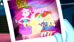 Size: 1366x768 | Tagged: safe, derpibooru import, screencap, applejack, photo finish, pinkie pie, rainbow dash, a photo booth story, eqg summertime shorts, equestria girls, fall formal outfits, giggling, mischief, photography, upset