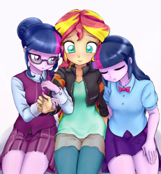 Size: 1909x2064 | Tagged: safe, artist:ryou14, sci-twi, sunset shimmer, twilight sparkle, twilight sparkle (alicorn), alicorn, equestria girls, friendship games, bowtie, clothes, counterparts, crystal prep academy, crystal prep academy uniform, crystal prep shadowbolts, cute, eyes closed, female, glasses, leather jacket, lesbian, magical trio, ot3, pleated skirt, polyamory, school uniform, scitwishimmer, shipping, skirt, sunset twiangle, sunsetsparkle, trio, twilight's counterparts, twolight