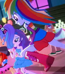 Size: 615x695 | Tagged: safe, derpibooru import, screencap, rainbow dash, rarity, tennis match, thunderbass, a photo booth story, eqg summertime shorts, equestria girls, background human, fall formal outfits, gotcha, grin, happy, imminent glomp, jumping, leap, offscreen character, smiling