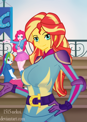 Size: 500x700 | Tagged: safe, artist:1515-nekoi, pinkie pie, rainbow dash, sunset shimmer, equestria girls, friendship games, breasts, canterlot high, clothes, female, flag, gloves, looking at you, open mouth, school spirit, signature, skirt, solo focus, sunset jiggler, wondercolts