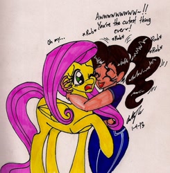 Size: 1219x1245 | Tagged: safe, artist:newyorkx3, fluttershy, human, dialogue, fluttershy does not want, hug, traditional art